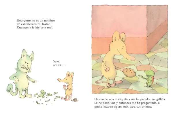 Un ratón cuenta historias reales: una mariquita pidió galleta y luego preguntó por sus primos. Un gato verde, molesto, señala restos en el suelo.