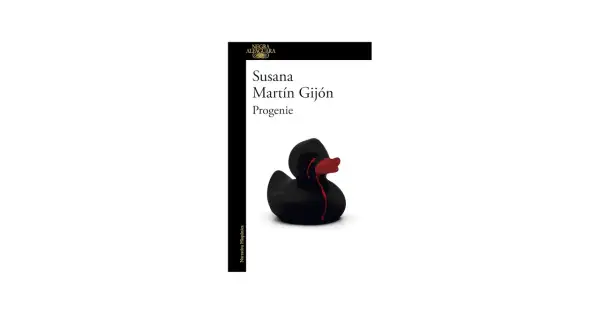La portada del libro "Progenie" de Susana Martín Gijón muestra un patito de goma negro con lágrimas rojas, sugiriendo una sinopsis oscura y emotiva.