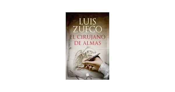 Portada del libro "El cirujano de almas" de Luis Zueco. Una mano con puño de encaje dibuja un corazón anatómico con un bisturí.