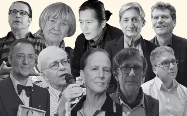 Retrato collage de varios escritores italianos actuales, con rostros diversos y expresiones pensativas.