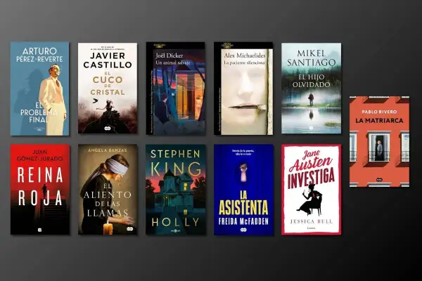 Colección de portadas de libros de los mejores thrillers, incluyendo "Reina Roja", "La Asistenta" y "El Cuco de Cristal".