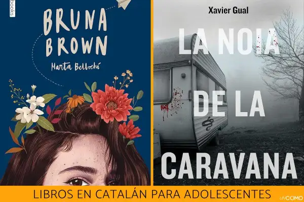 Dos portadas de libros en catalán para adolescentes: "Bruna Brown" con flores y "La noia de la caravana" con una caravana misteriosa.
