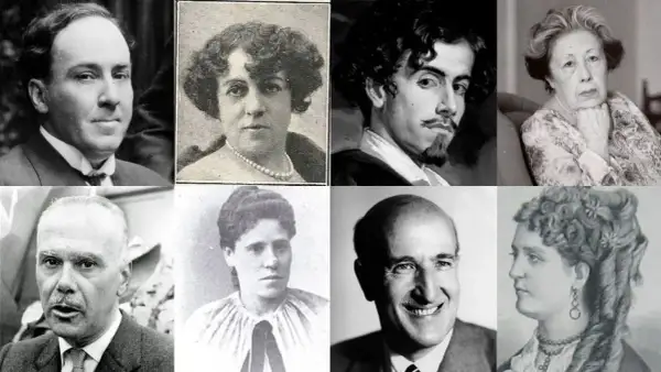 Collage de retratos de poetas sevillanos, hombres y mujeres de distintas épocas, con estilos variados.