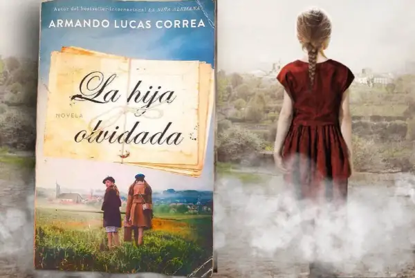 La sinopsis de "La hija olvidada" se revela en esta imagen. Un libro con el título y dos niñas en un campo, junto a una figura etérea de una niña.