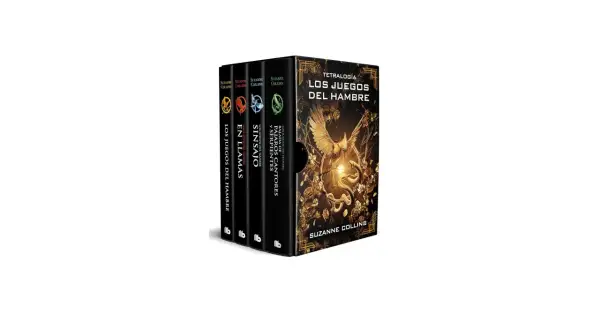 Tetralogía "Los Juegos del Hambre" de Suzanne Collins, con sus libros parecidos a los juegos del hambre, en una caja dorada con un ave fénix y serpientes.