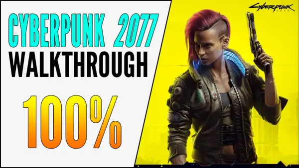 Mujer con pelo rojo y pistola, estilo cyberpunk, en un fondo amarillo brillante. Texto: "CYBERPUNK 2077 WALKTHROUGH 100%".