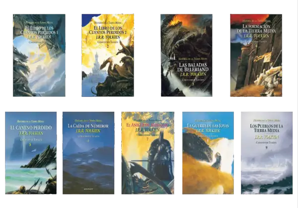Colección "Historia de la Tierra Media" de J.R.R. Tolkien, con ilustraciones épicas que narran el orden de los eventos.