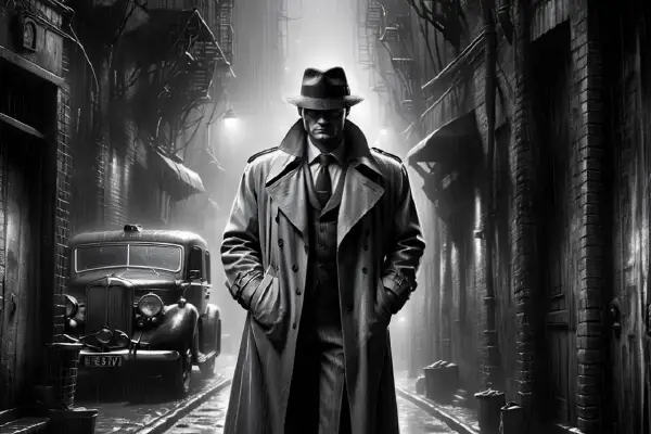 Un detective con gabardina y sombrero camina bajo la lluvia en un callejón oscuro. Un coche clásico y edificios sombríos evocan la esencia de **qué es la novela negra**.