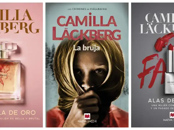 Tres portadas de libros de Camilla Läckberg: "La bruja", "Alas de oro" y otra con un labial rojo.