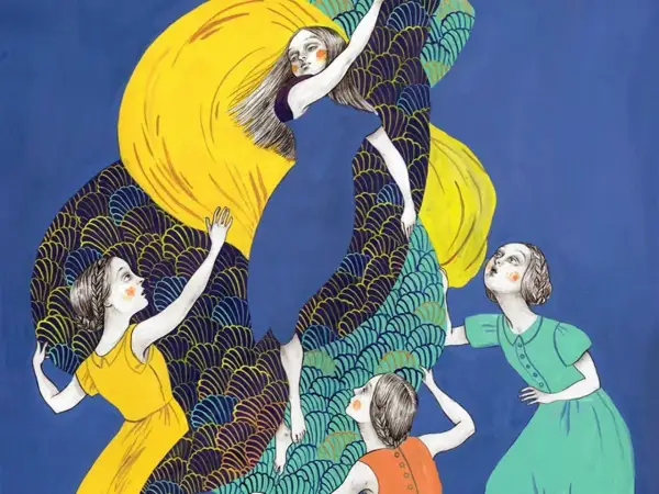 Ilustración de **realismo mágico literatura**: mujeres con vestidos coloridos interactúan con una gran forma amarilla y escamas azules, evocando un mundo onírico.