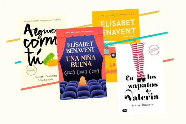 Libros de Elísabet Benavent, incluyendo "En los zapatos de Valeria", parte de la saga Valeria, con diseños coloridos y llamativos.