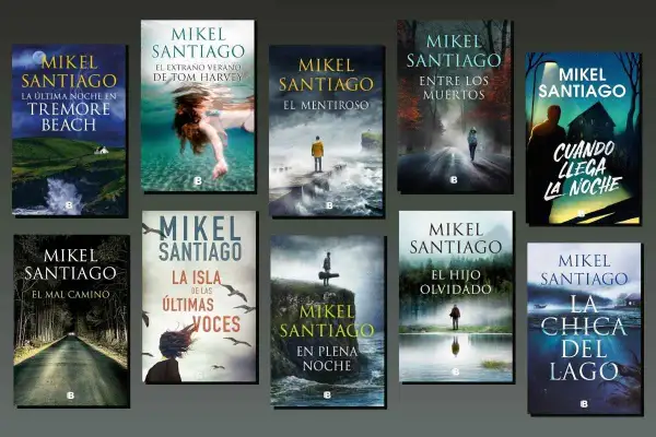 Colección de libros de Mikel Santiago, con títulos como "La última noche en Tremore Beach" y "El mal camino".
