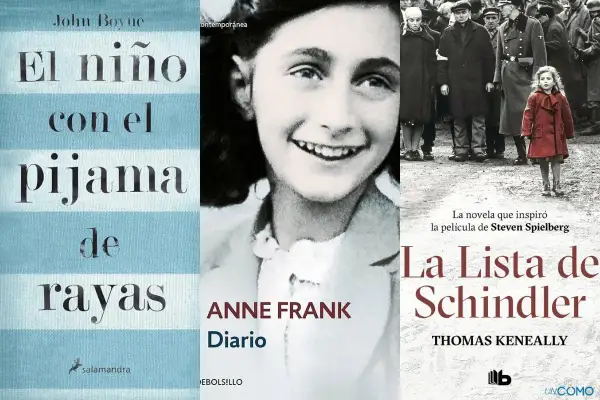 Portadas de libros: "El niño con el pijama de rayas", "Diario de Anne Frank" y "La Lista de Schindler", novelas de la Segunda Guerra Mundial basadas en hechos reales.