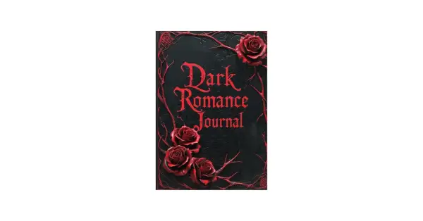 Diario de **libro dark romance** con rosas rojas y ramas retorcidas sobre fondo negro.