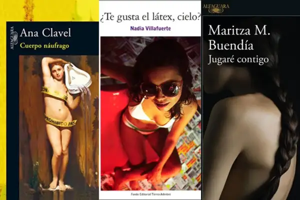 Tres portadas de libros: una mujer con cinta de "prohibido pasar", otra con gafas de sol y bikini, y la espalda de una mujer con trenza. Sugieren lecturas eróticas.