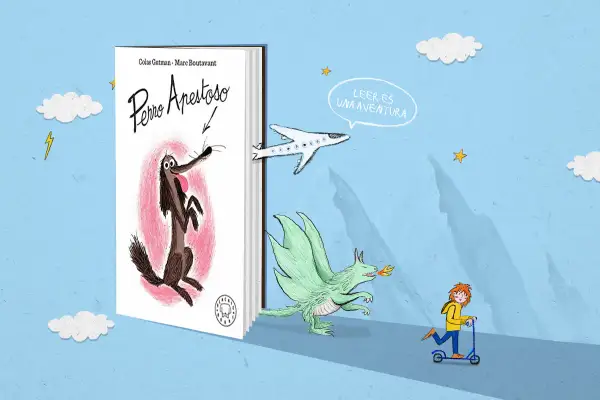 Un libro de lectura para niños de 8 a 10 años, "Perro Apestoso", inspira aventuras con un dragón, un avión y un niño en patinete.