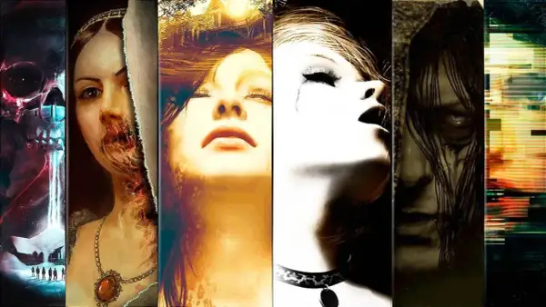 Collage de imágenes de terror psicológico: calavera, mujer desfigurada, rostro angustiado, figura sombría y glitch visual.