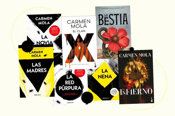 Libros de Carmen Mola, autora de "La Novia", "Las Madres", "La Bestia", "El Clan", "La Nena", "La Red Púrpura" y "El Infierno".