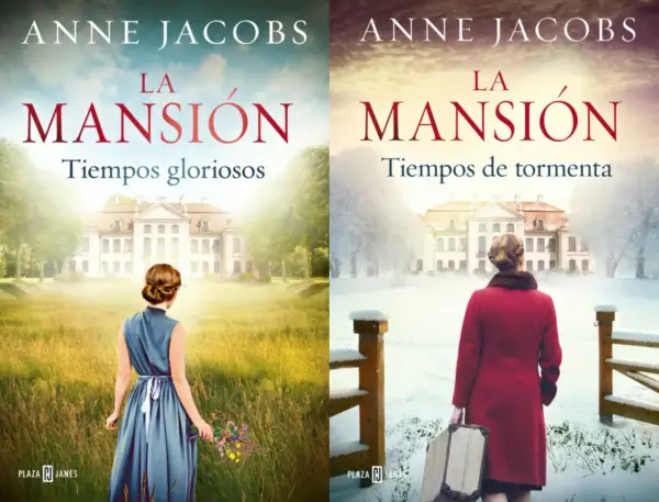 Dos portadas de "La Mansión" de Anne Jacobs. Una muestra tiempos gloriosos con una mujer en un campo verde, la otra, tiempos de tormenta con nieve y una maleta.